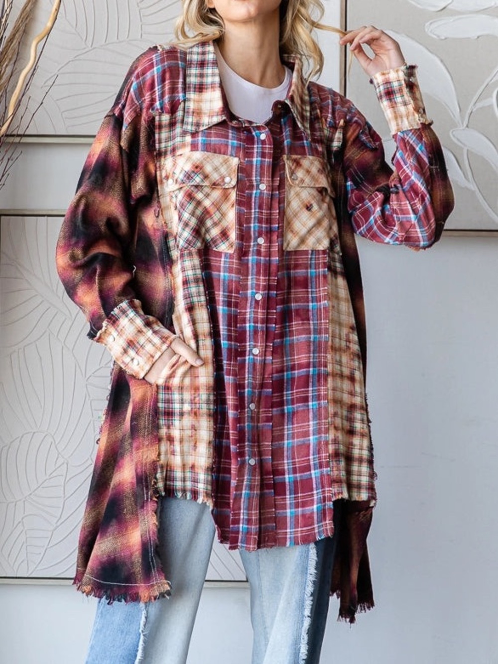 Oli & Hali Wash Mix Plaid Shirt Large Pockets Patchwork Distressed Cotton Blend - Picture 11 of 11